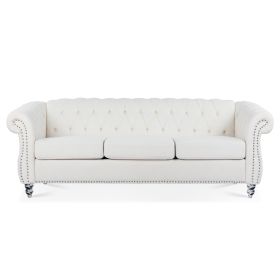 84.65" Rolled Arm Chesterfield 3 Seater Sofa. (Color: White + Polyester)